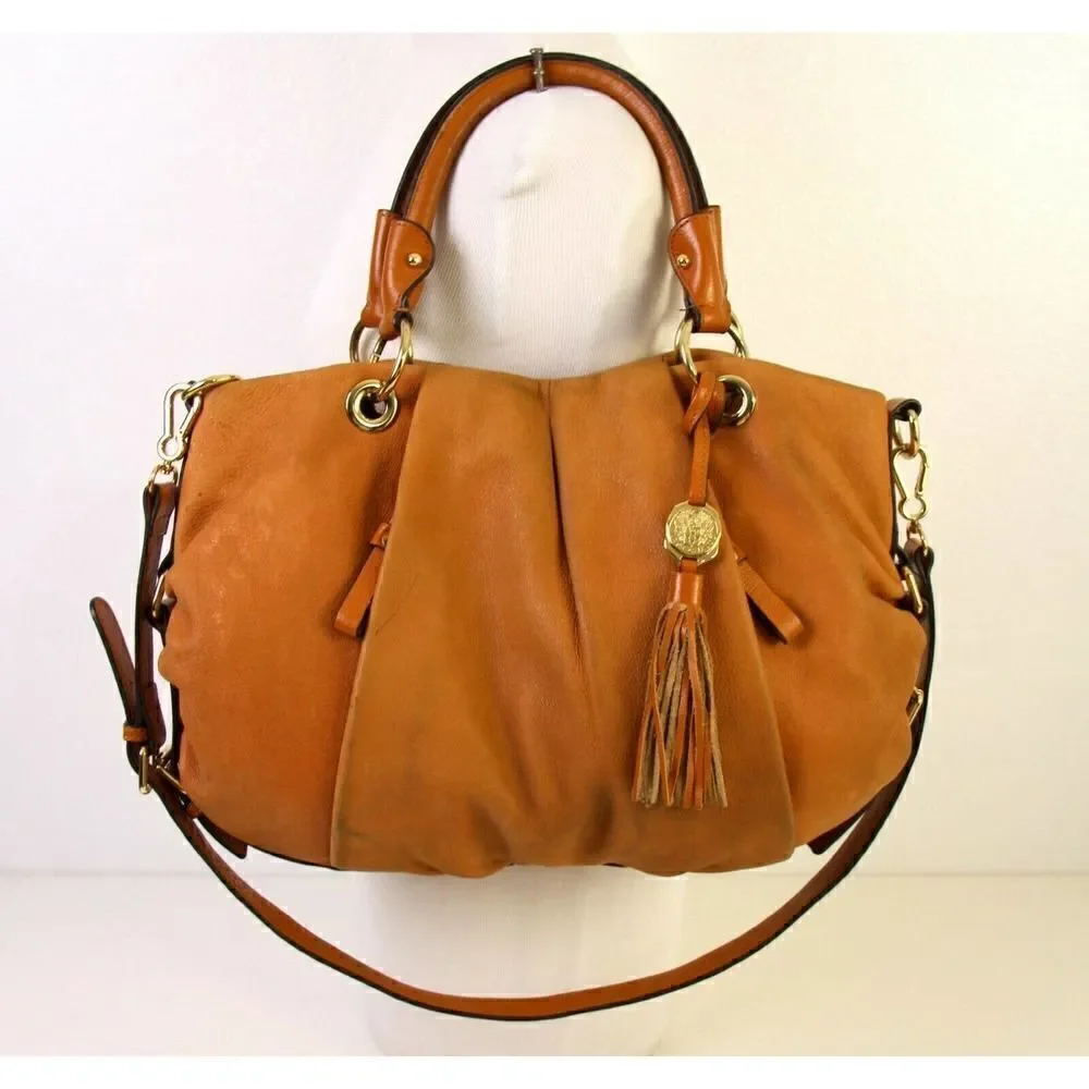 VINCE CAMUTO TAN BROWN GENUINE LEATHER TASSEL SATCHEL HOBO SHOULDER BAG HANDBAG